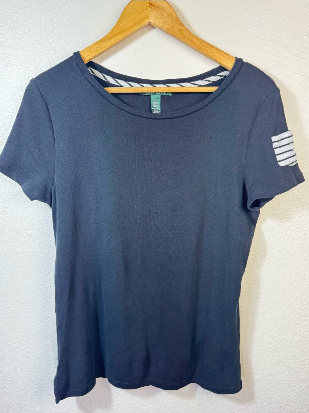 Lauren Ralph Lauren Black Cotton Tee Striped Sleeve Pocket L